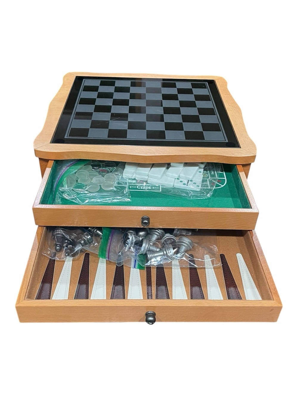 Combination Game Set Backgammon Chess Checkers Cribbage Dominoes